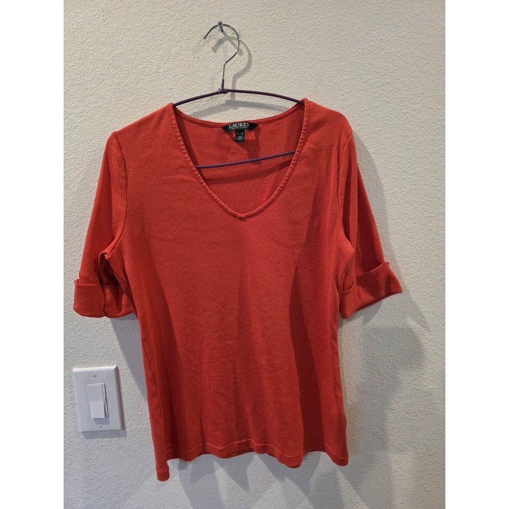 Lauren Ralph Lauren V Neck Top Sz XL Orange Cuff Half Sleeve 100% Cotton Preppy